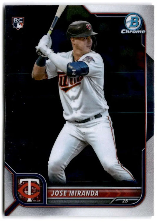 Jose Miranda batting in white home uniform on 2022 Bowman Chrome Minnesota Twins rookie card