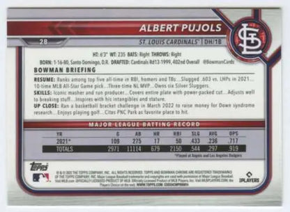 2022 Bowman Chrome #28 Albert Pujols baseball card with original gloss in NM-MT condition