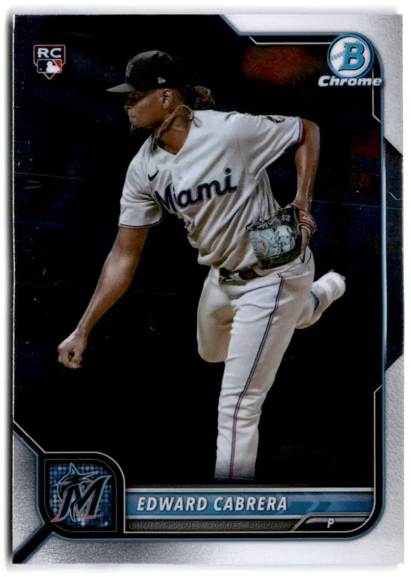 Edward Cabrera mid-delivery in white home uniform on 2022 Bowman Chrome baseball card