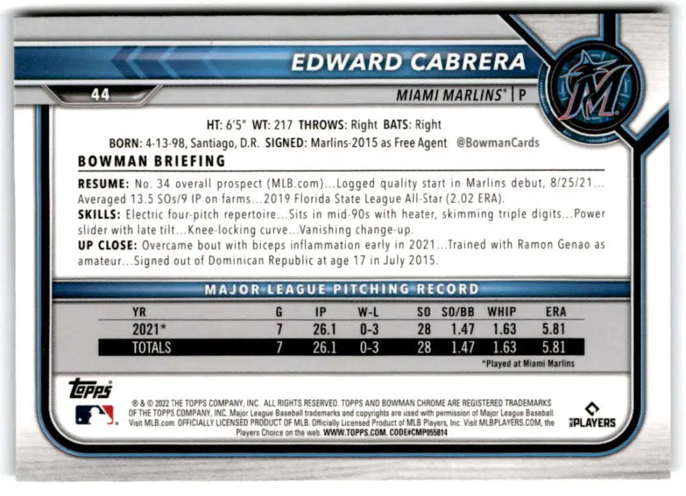 Baseball card of Edward Cabrera featuring stats from 2022 Bowman Chrome #44 Miami Marlins