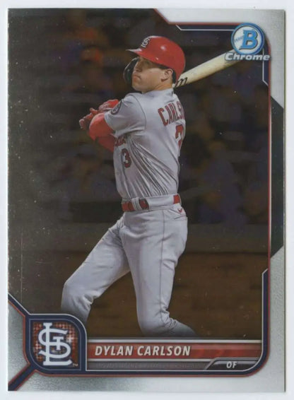 Baseball card of Dylan Carlson in a batting stance, St. Louis Cardinals, Bowman Chrome