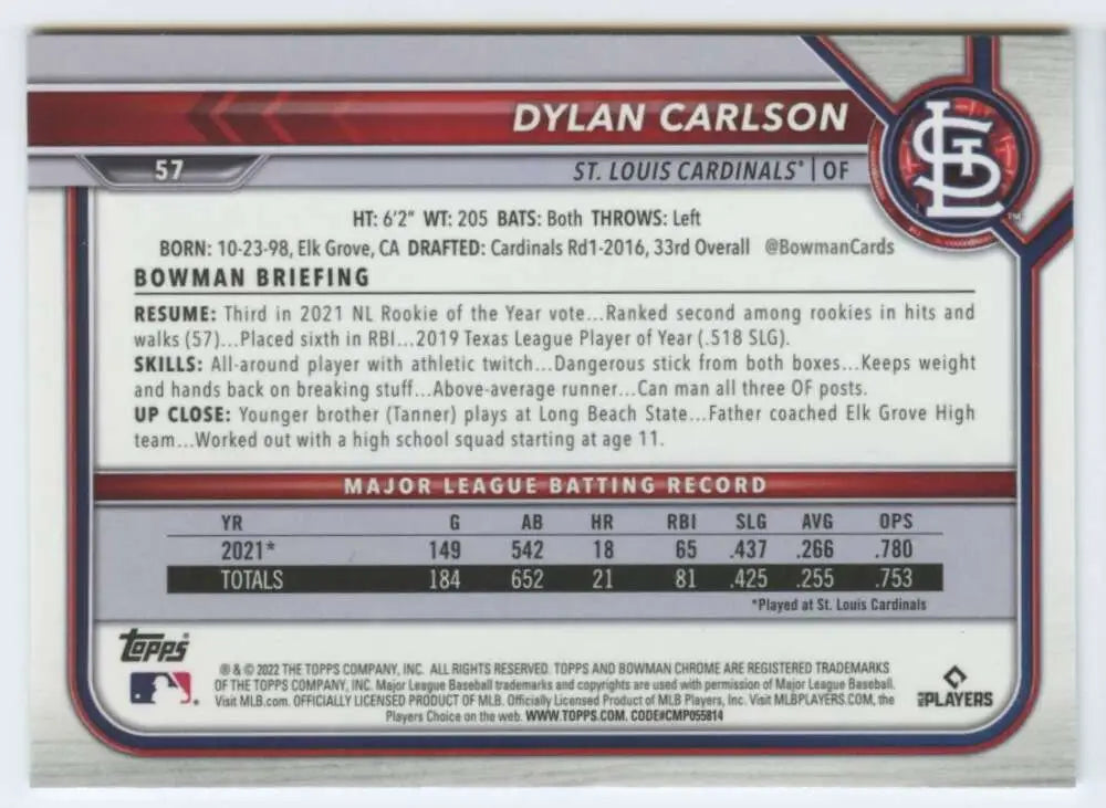 Dylan Carlson 2022 Bowman Chrome #57 baseball card with statistics for St. Louis Cardinals