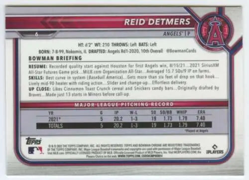 Reid Detmers 2022 Bowman Chrome baseball card with original gloss NM-MT RC