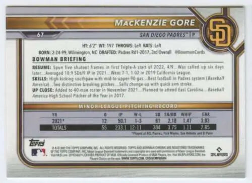 Mackenzie Gore baseball card back showcasing original gloss in 2022 Bowman Chrome