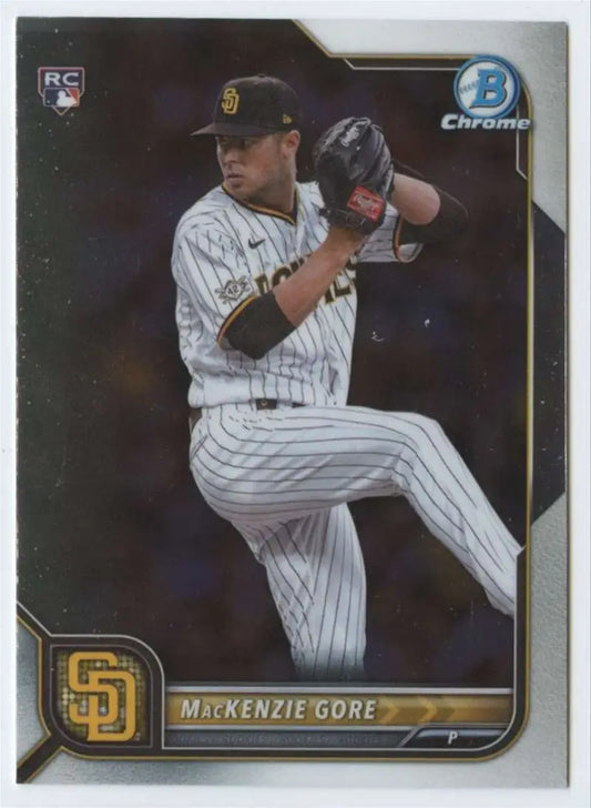 Baseball card of MacKenzie Gore, San Diego Padres pitcher in pinstripe uniform