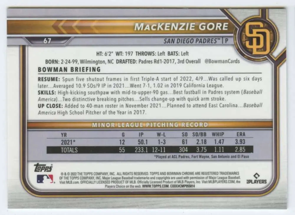 Baseball trading card featuring MacKenzie Gore of the San Diego Padres stats