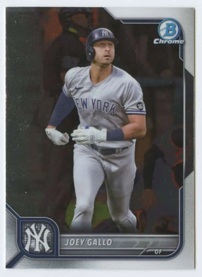 Joey Gallo in road gray uniform on 2022 Bowman Chrome baseball card for New York Yankees