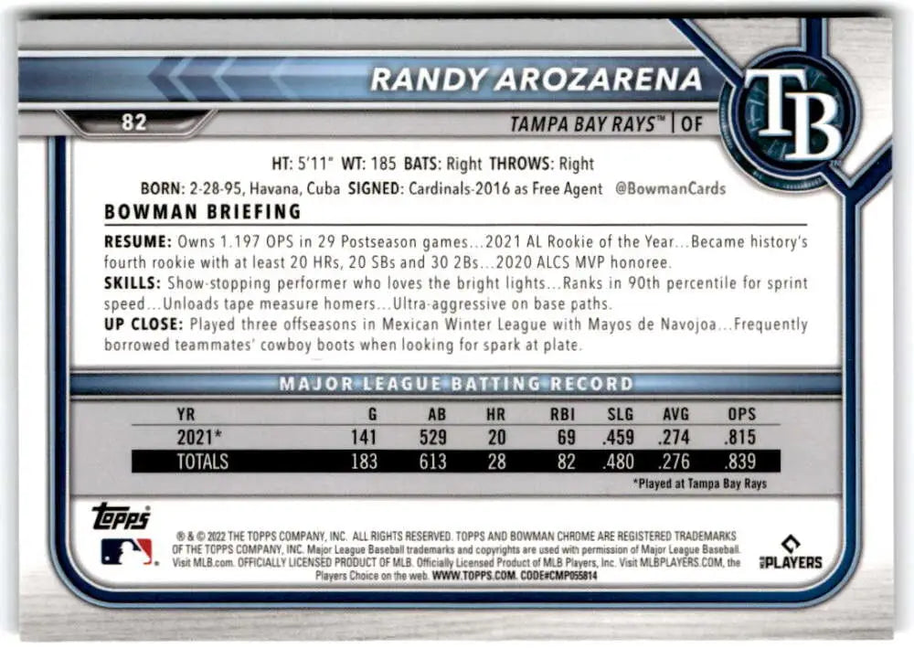 Randy Arozarena 2022 Bowman Chrome #82 Baseball Card for Tampa Bay Rays collectors