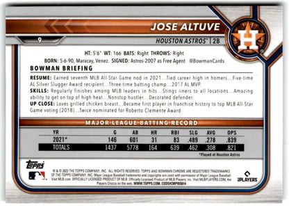 Jose Altuve 2022 Bowman Chrome #9 Baseball Card showcasing Houston Astros statistics