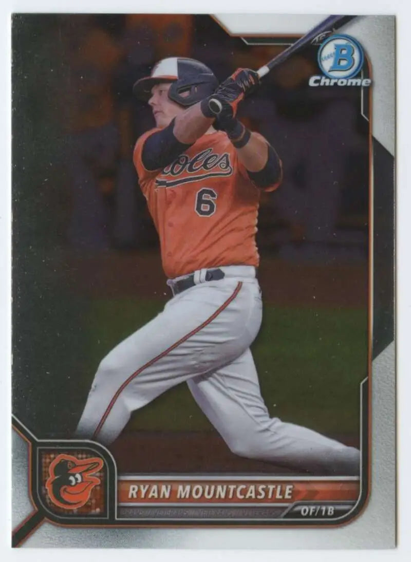 Baltimore Orioles baseball card of Ryan Mountcastle in orange jersey swinging bat