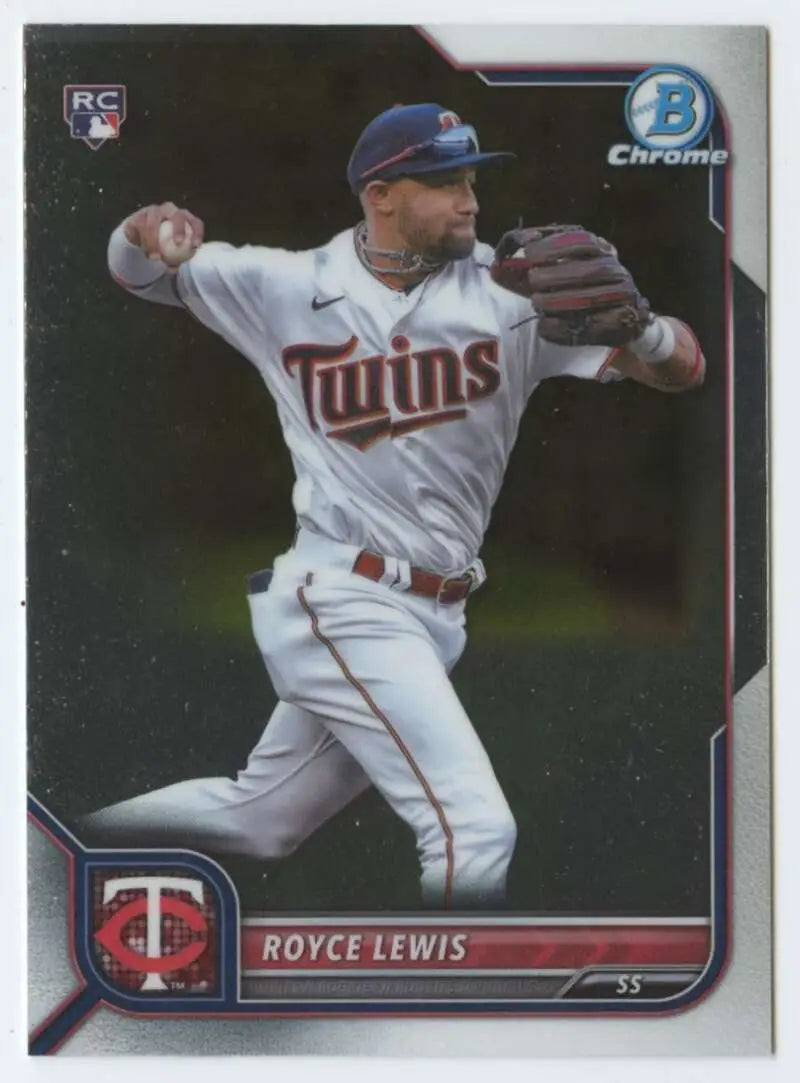 Royce Lewis throwing in white uniform on Minnesota Twins baseball card 2022 Bowman Chrome