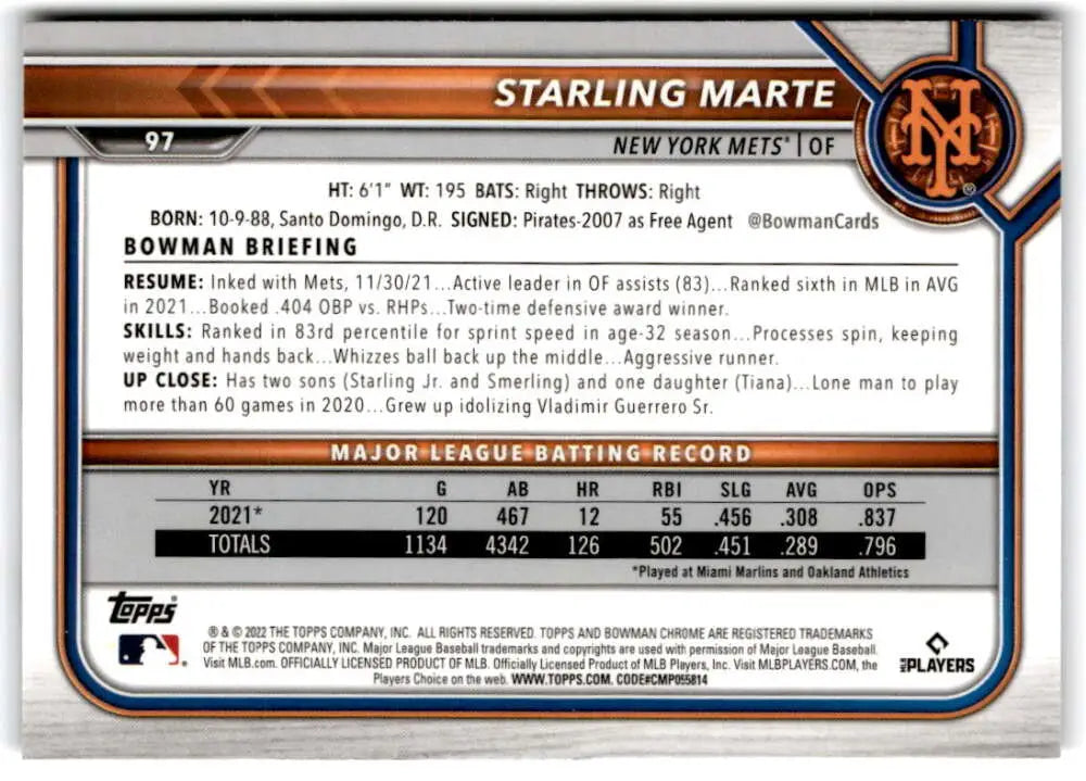 Baseball card featuring Starling Marte statistics with New York Mets details