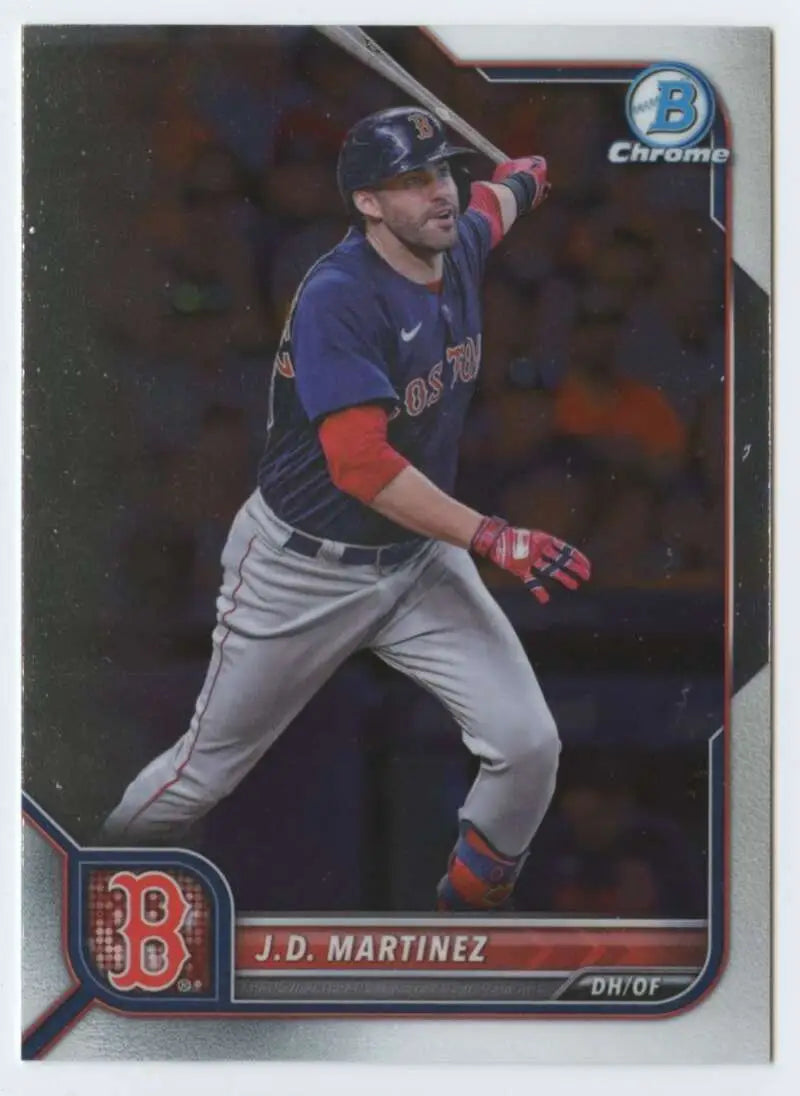 Baseball card of Boston Red Sox player J.D. Martinez in batting stance, navy uniform