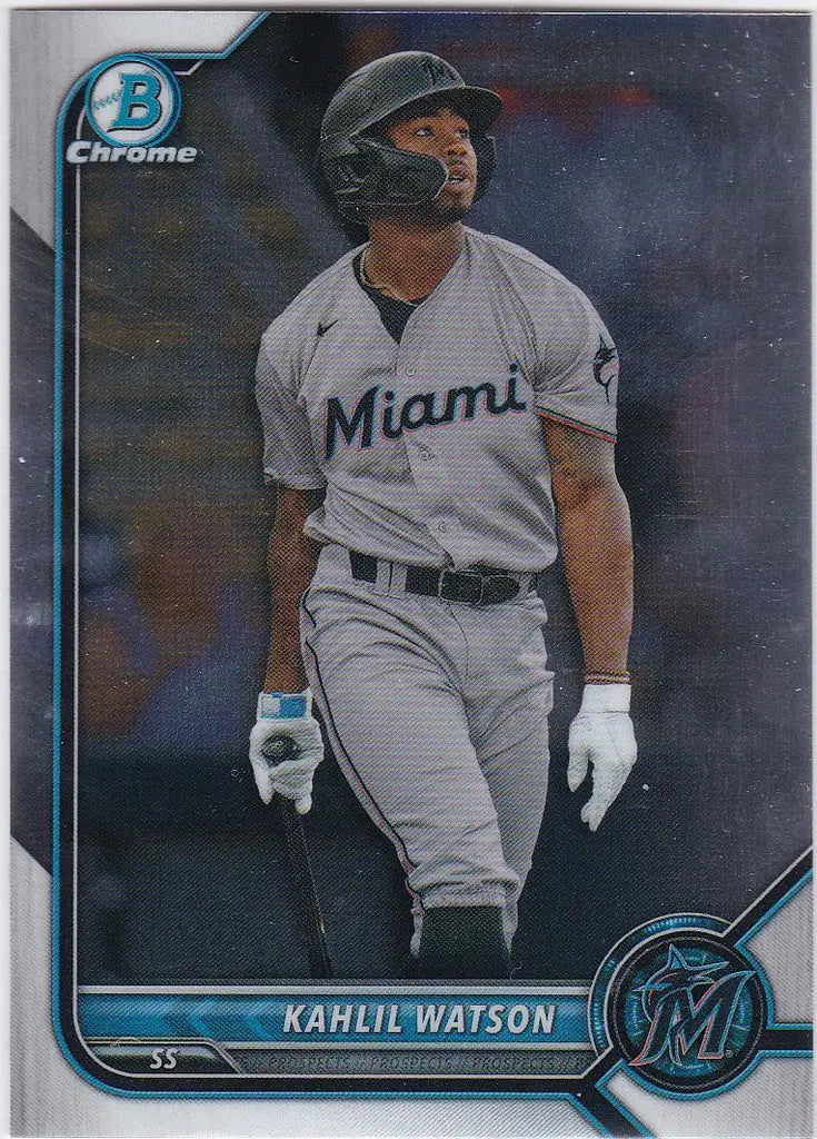 Kahlil Watson batting on 2022 Bowman Chrome Miami Marlins baseball card