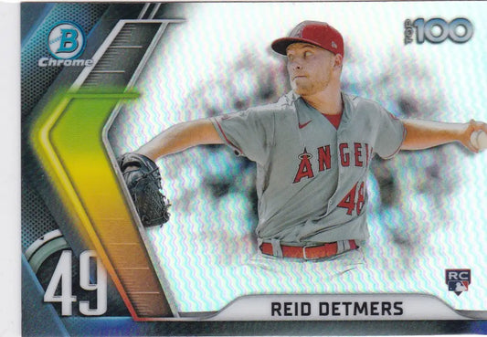 Reid Detmers RC Bowman Chrome card of Angels pitcher in gray uniform mid-delivery