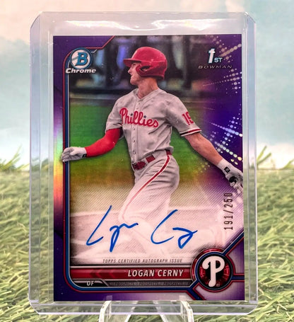 Logan Cerny autographed 2022 Bowman Chrome Purple Refractor baseball card /250 Phillies