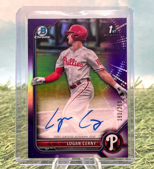 Logan Cerny autographed 2022 Bowman Chrome Purple Refractor baseball card /250 Phillies