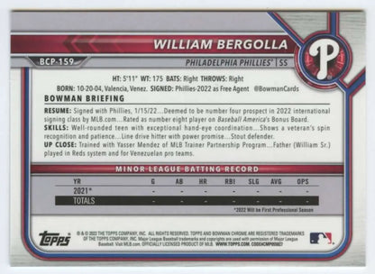 William Bergolla baseball card featuring Bowman Chrome Prospects stats and career info