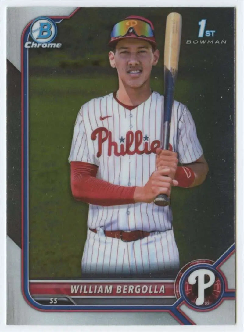 William Bergolla baseball card in pinstriped Phillies uniform from Bowman Chrome Prospects