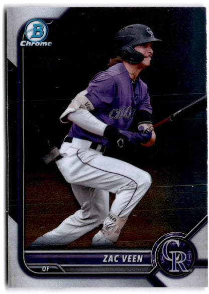 Zac Veen batting on 2022 Bowman Chrome Prospects #BCP-165 Colorado Rockies card