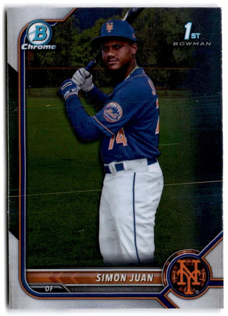 New York Mets player in batting stance on 2022 Bowman Chrome Prospects baseball card