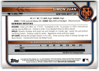 Baseball card back of New York Mets Simon Juan from 2022 Bowman Chrome Prospects