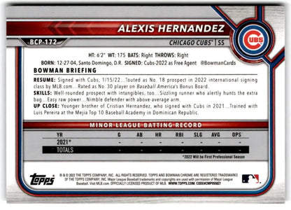 Baseball card featuring Alexis Hernandez statistics from Bowman Chrome Prospects