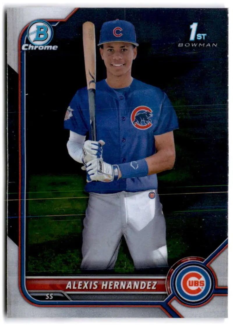 Chicago Cubs player Alexis Hernandez in blue jersey with bat on Bowman Chrome Prospects card