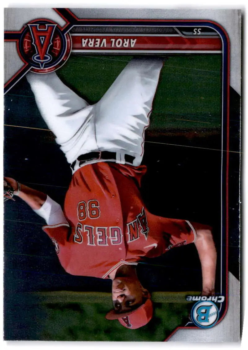 Arol Vera in red jersey flipping celebrates Los Angeles Angels on Bowman Chrome Prospects card