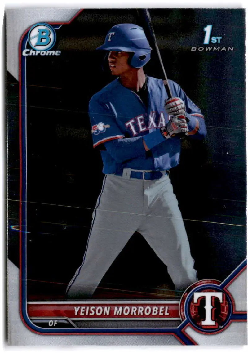 Yeison Morrobel batting in blue jersey on 2022 Bowman Chrome Prospects baseball card