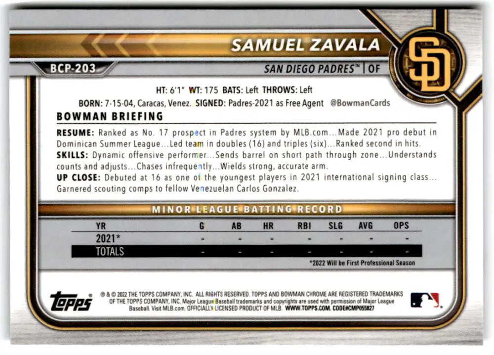 Samuel Zavala 2022 Bowman Chrome Prospects Baseball Card with player statistics