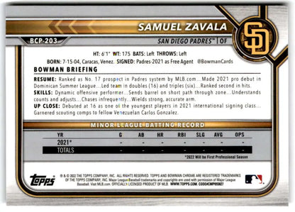 Samuel Zavala 2022 Bowman Chrome Prospects Baseball Card with player statistics