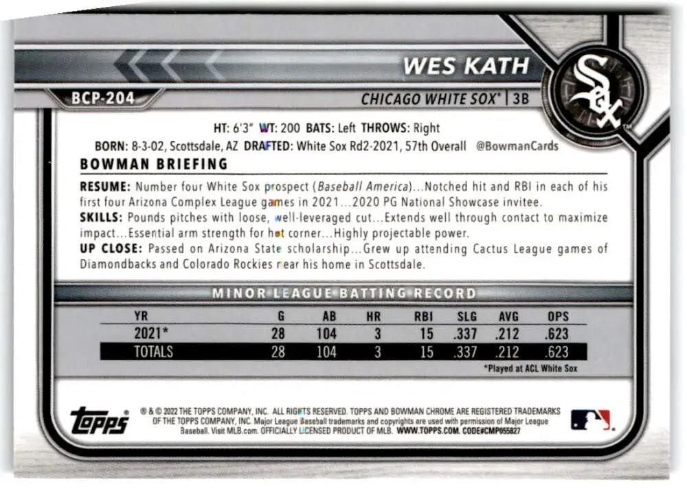 Baseball card featuring Wes Kath and statistics for Chicago White Sox prospects