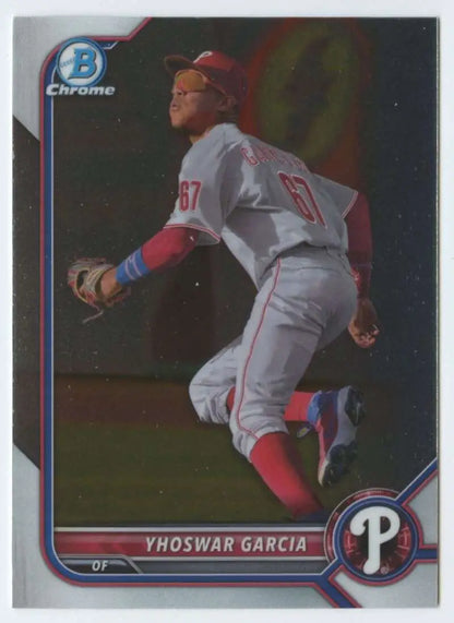 2022 Bowman Chrome Prospects card of Philadelphia Phillies player making leaping catch