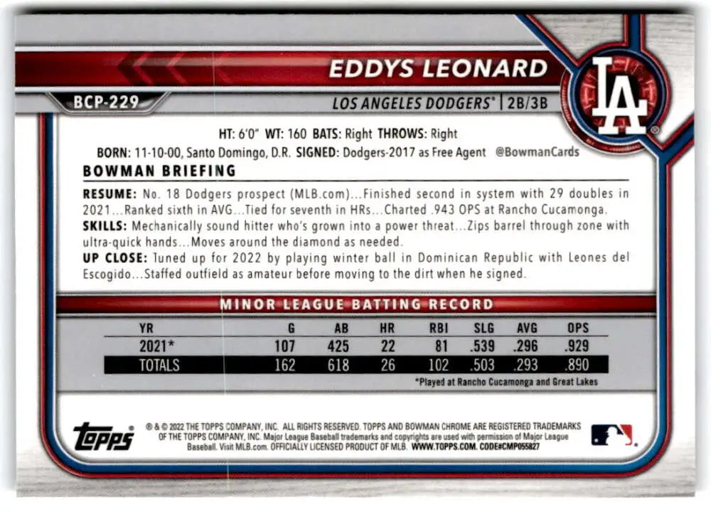 Eddys Leonard Baseball Card from 2022 Bowman Chrome Prospects #BCP-229 Los Angeles Dodgers