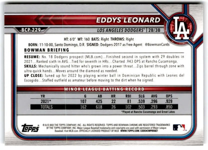 Eddys Leonard Baseball Card from 2022 Bowman Chrome Prospects #BCP-229 Los Angeles Dodgers