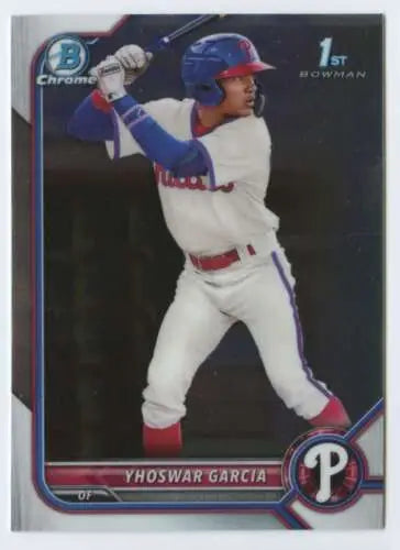 Baseball card of Yhoswar Garcia in a Phillies uniform for Bowman Chrome Prospects