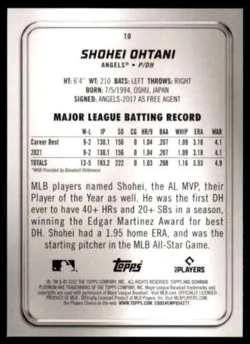 Shohei Ohtani baseball card back from 2022 Bowman Platinum showcasing original gloss