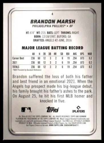 Brandon Marsh baseball card from 2022 Bowman Platinum with original gloss finish