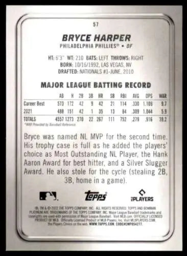 2022 Bowman Platinum #57 Bryce Harper baseball card in original gloss for Phillies fans