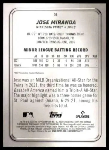 Baseball card back of 2022 Bowman Platinum #58 Jose Miranda NM-MT RC Rookie Twins