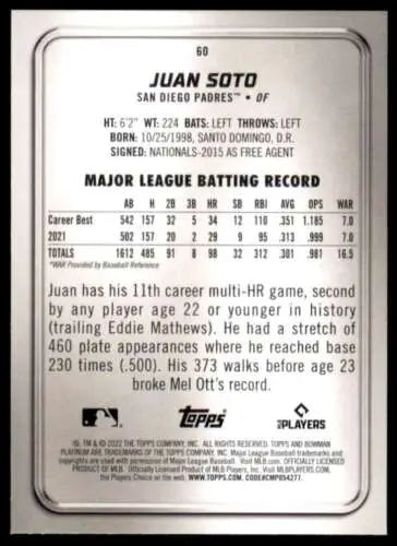 Back view of 2022 Bowman Platinum #60 Juan Soto baseball card featuring original gloss