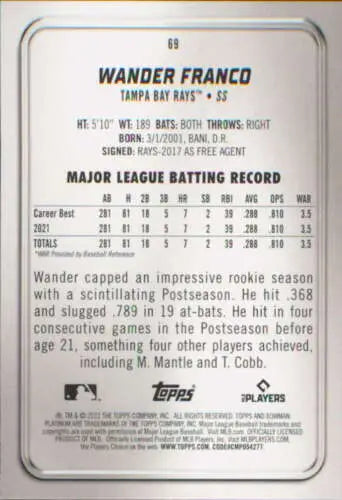 Wander Franco Bowman Platinum rookie card featuring MLB batting stats and career highlights