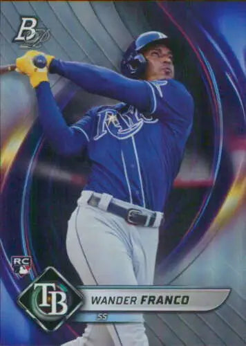 Baseball card featuring Wander Franco in blue uniform, 2022 Bowman Platinum original gloss