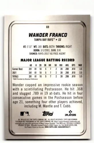 Wander Franco baseball card featuring original gloss from 2022 Bowman Platinum series