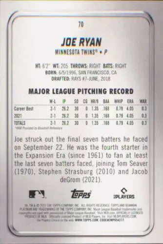 Baseball card back of 2022 Bowman Platinum Joe Ryan NM-MT RC Rookie Twins ID:51720