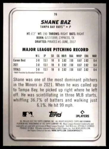 Shane Baz 2022 Bowman Platinum rookie card featuring original gloss, NM-MT condition