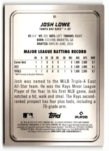 Josh Lowe 2022 Bowman Platinum #81 Rookie Card with original gloss, Rays collectible