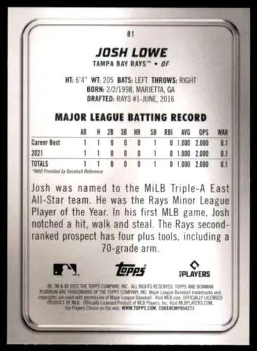 Josh Lowe baseball card back from 2022 Bowman Platinum original gloss rookie collection