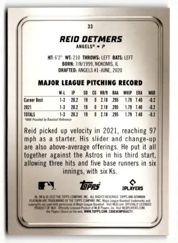 Baseball card of Reid Detmers with MLB stats on 2022 Bowman Platinum Ice Foilboard